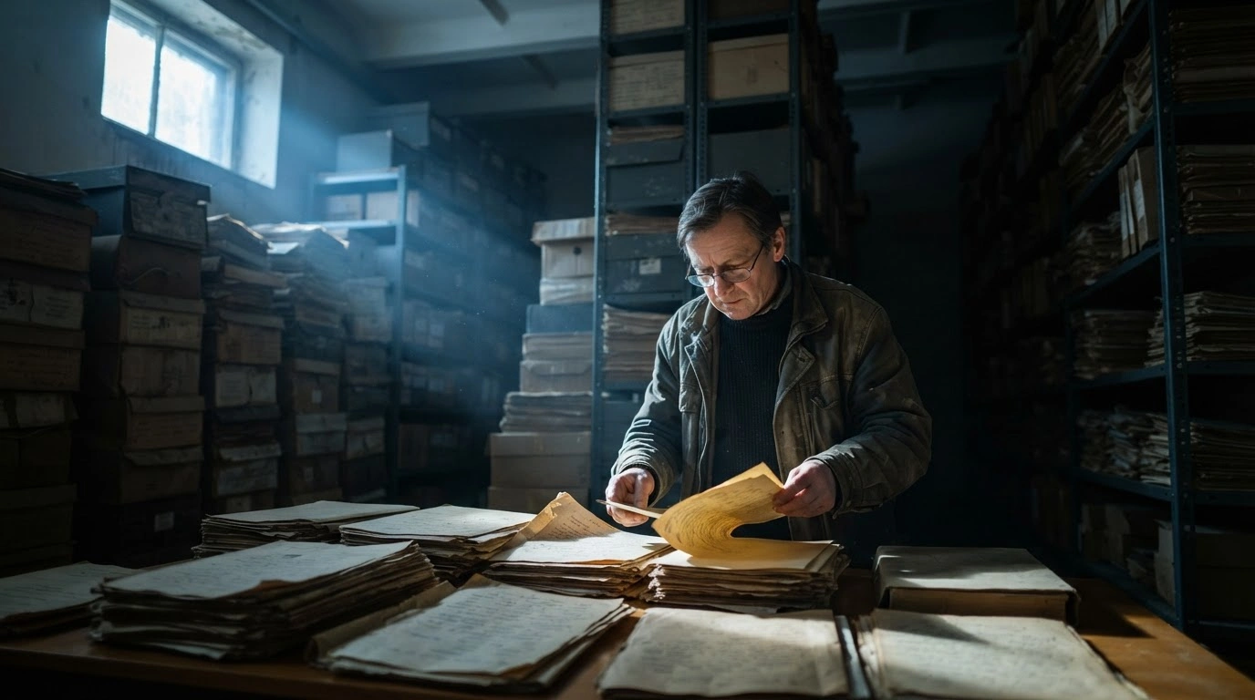 A researcher organizes a large collection of historical documents in a dimly lit archive to challenge official records regarding the Holocaust in Lithuania.