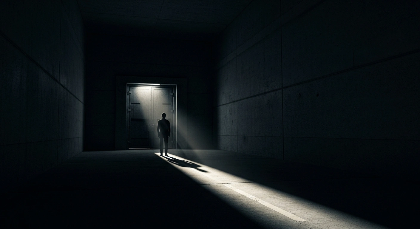A lone figure stands in a dimly lit, austere corridor before a large, imposing shadowed door, symbolizing Lithuania's new Intelligence Law granting expanded powers to security services for detention and search without a warrant, justified by a Russian threat.