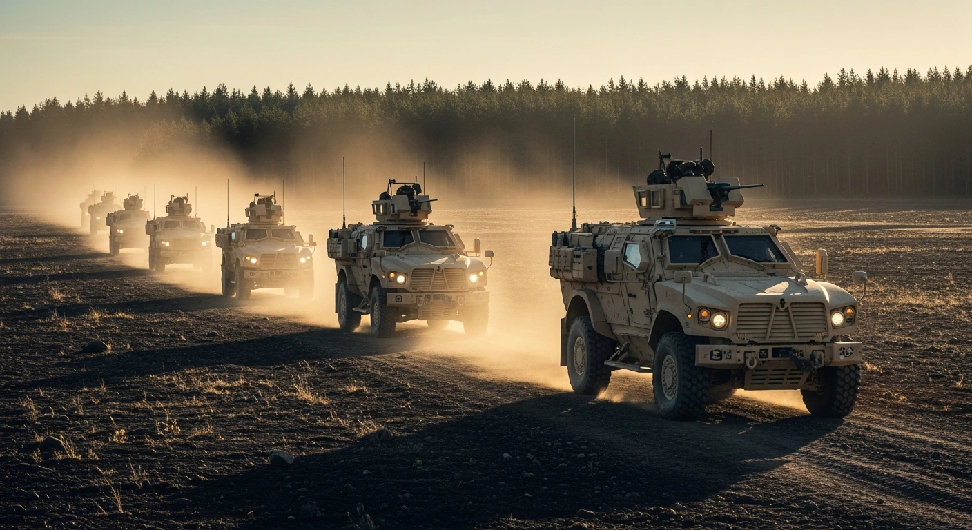 A powerful convoy of American-made Joint Light Tactical Vehicles (JLTVs), acquired by Lithuania from Oshkosh Defense, moves through a rugged, forested landscape at dawn, symbolizing enhanced military mobility and protection for NATO's eastern flank.