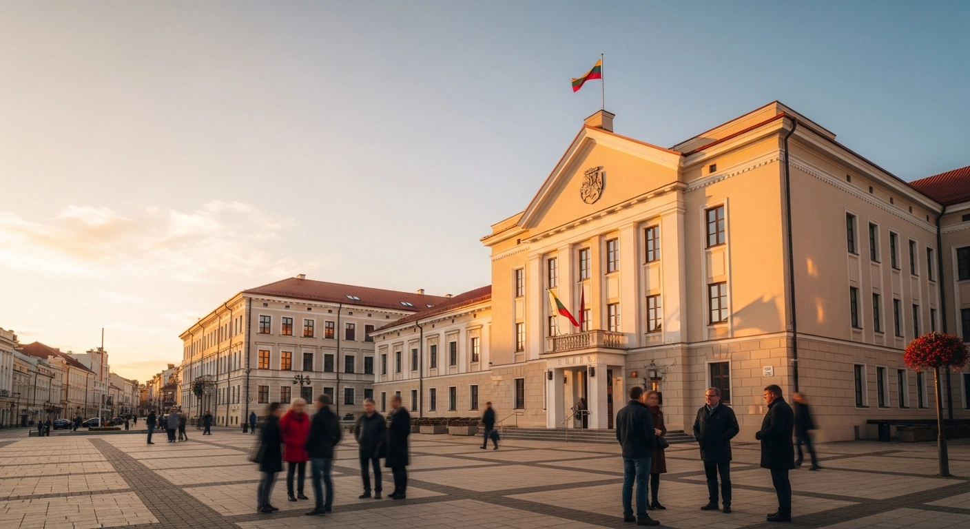 A modern municipal building stands in a Lithuanian town square, representing the Council of Europe's recommendations for enhanced local self-government and financial autonomy.