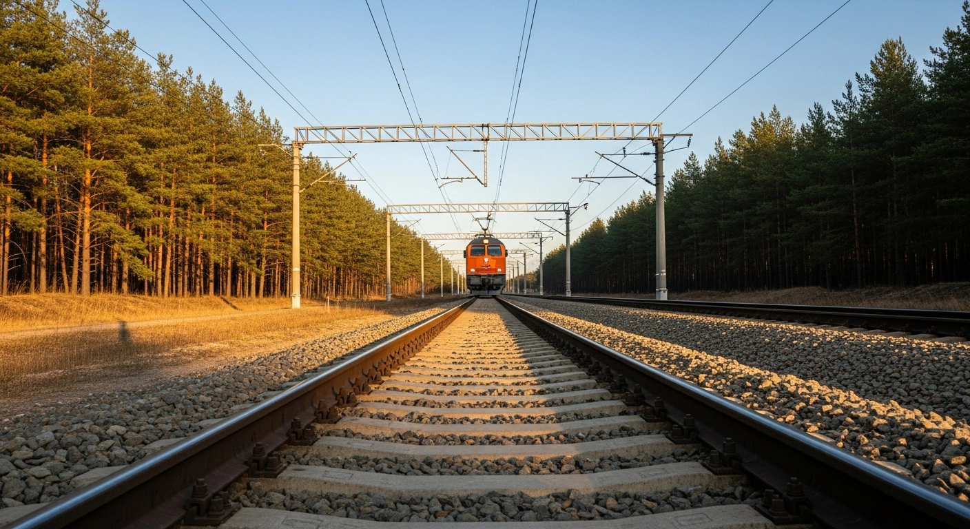 A freight train travels along newly planned railway tracks leading toward the Rūdninkai military training ground in Lithuania to support defense logistics.