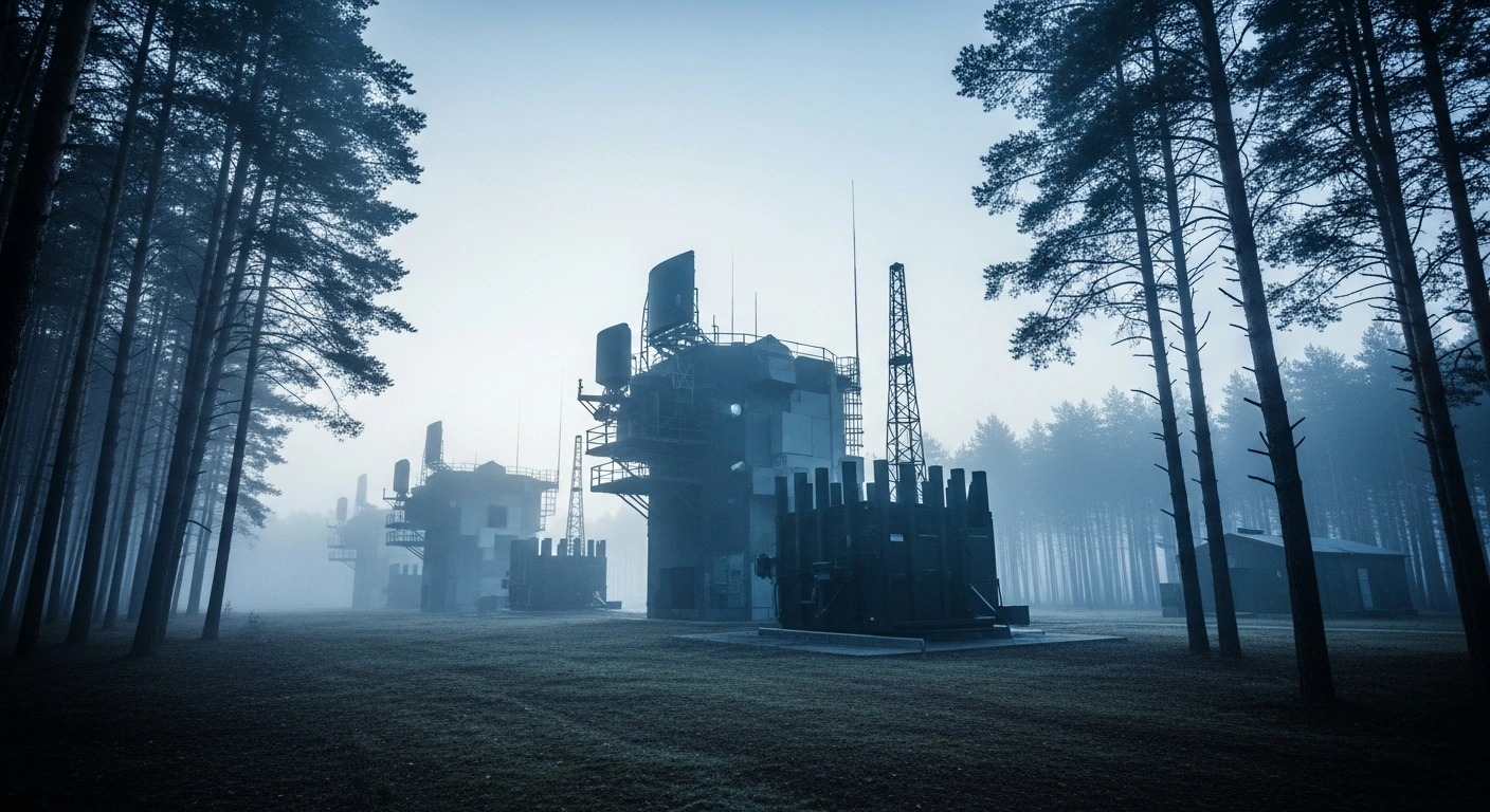 A modern military radar installation stands in a misty Lithuanian forest, representing the country's move to allow foreign military bases.