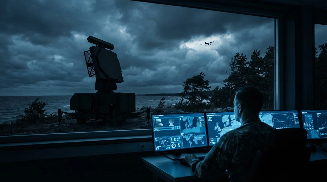 A military radar station monitors the airspace for unauthorized drones as part of a new Lithuanian and NATO security initiative.