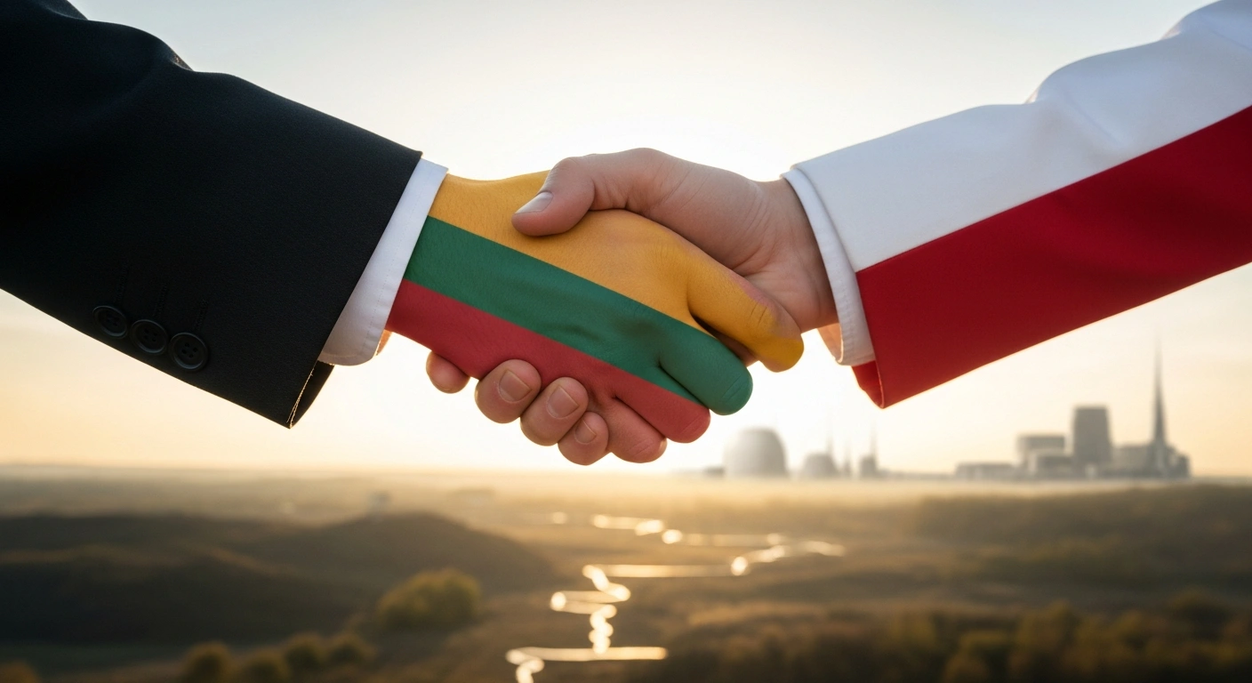 A symbolic image depicting a handshake between Lithuania and Poland over a strategic landscape resembling the Suwałki Gap, with advanced defense and technology facilities in the background, representing their proposed cross-border economic zone for regional security and development.