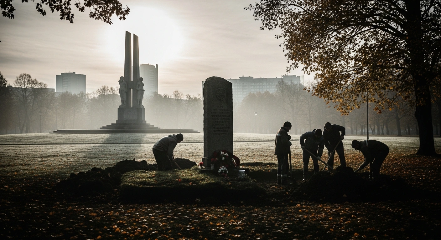 Workers in Lithuania exhume a Soviet Red Army grave site in a public park as part of a national relocation initiative.