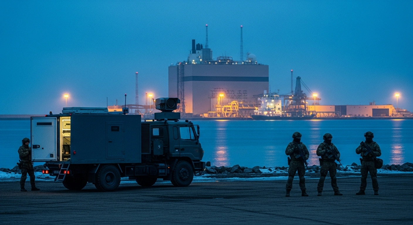 Lithuanian soldiers stand guard at the Klaipėda LNG terminal to protect vital energy infrastructure from potential security threats.