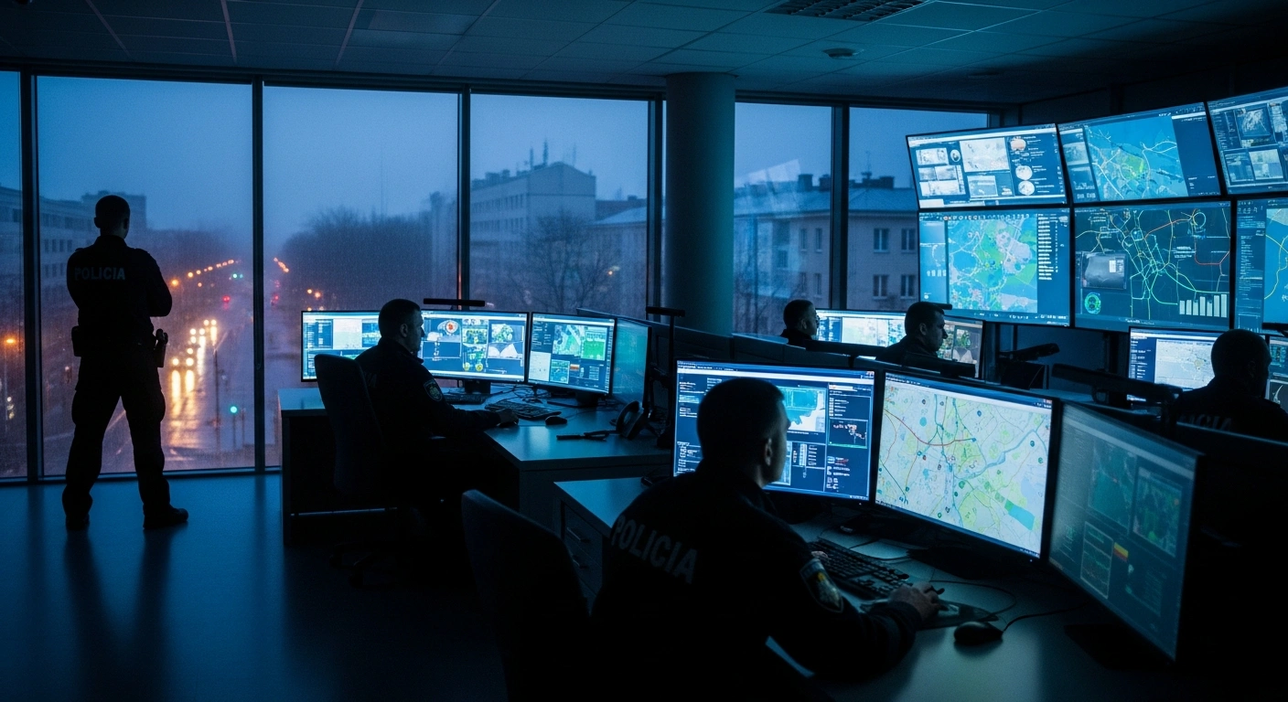 Lithuanian law enforcement officers monitor digital security systems in a command center following a series of widespread hoax bomb threats across the country.