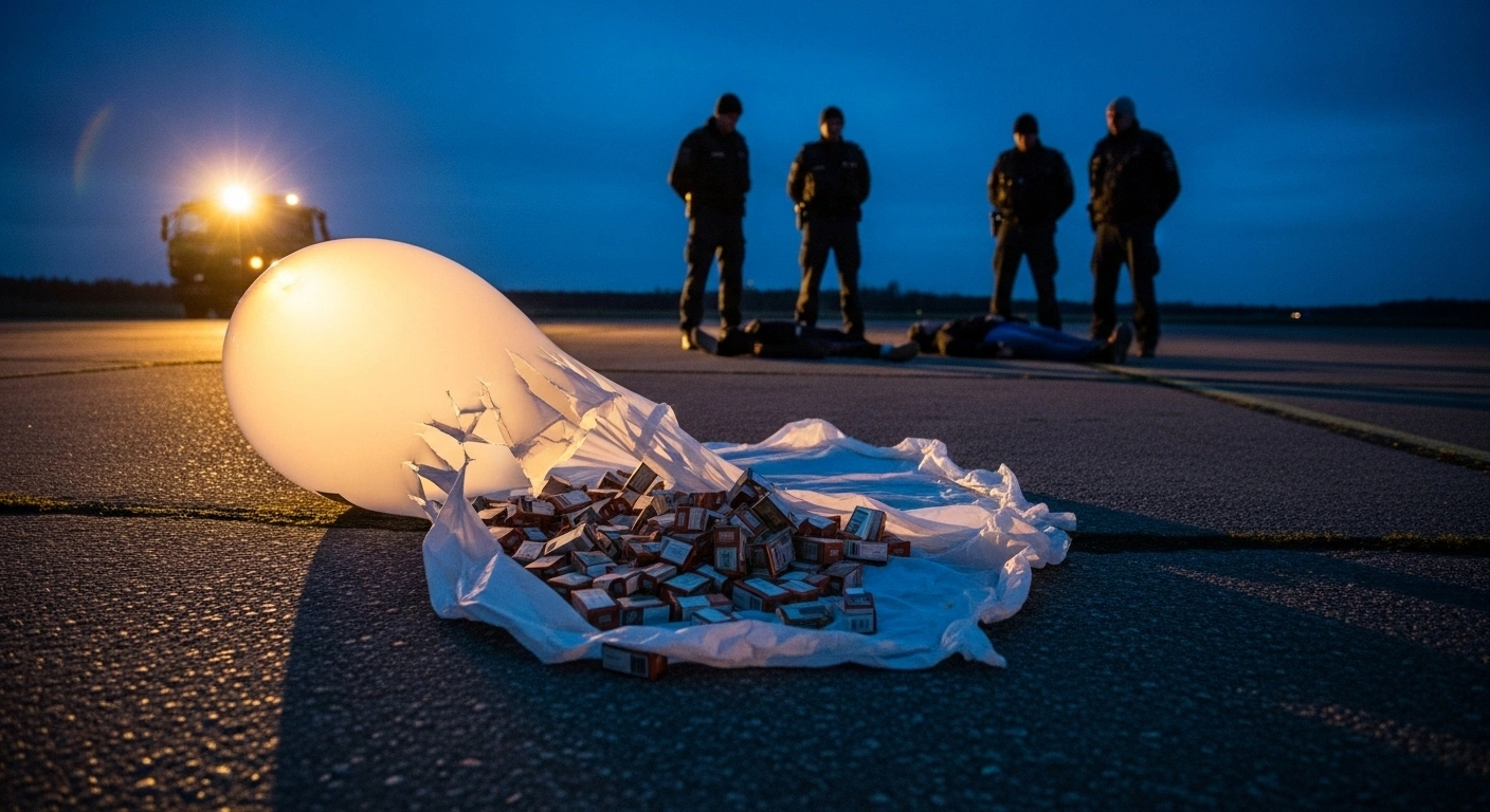 Lithuanian authorities stand over four detained individuals next to a deflated weather balloon on a concrete tarmac, from which hundreds of packs of smuggled cigarettes are spilling, highlighting the discovery of aerial contraband delivered from Belarus.