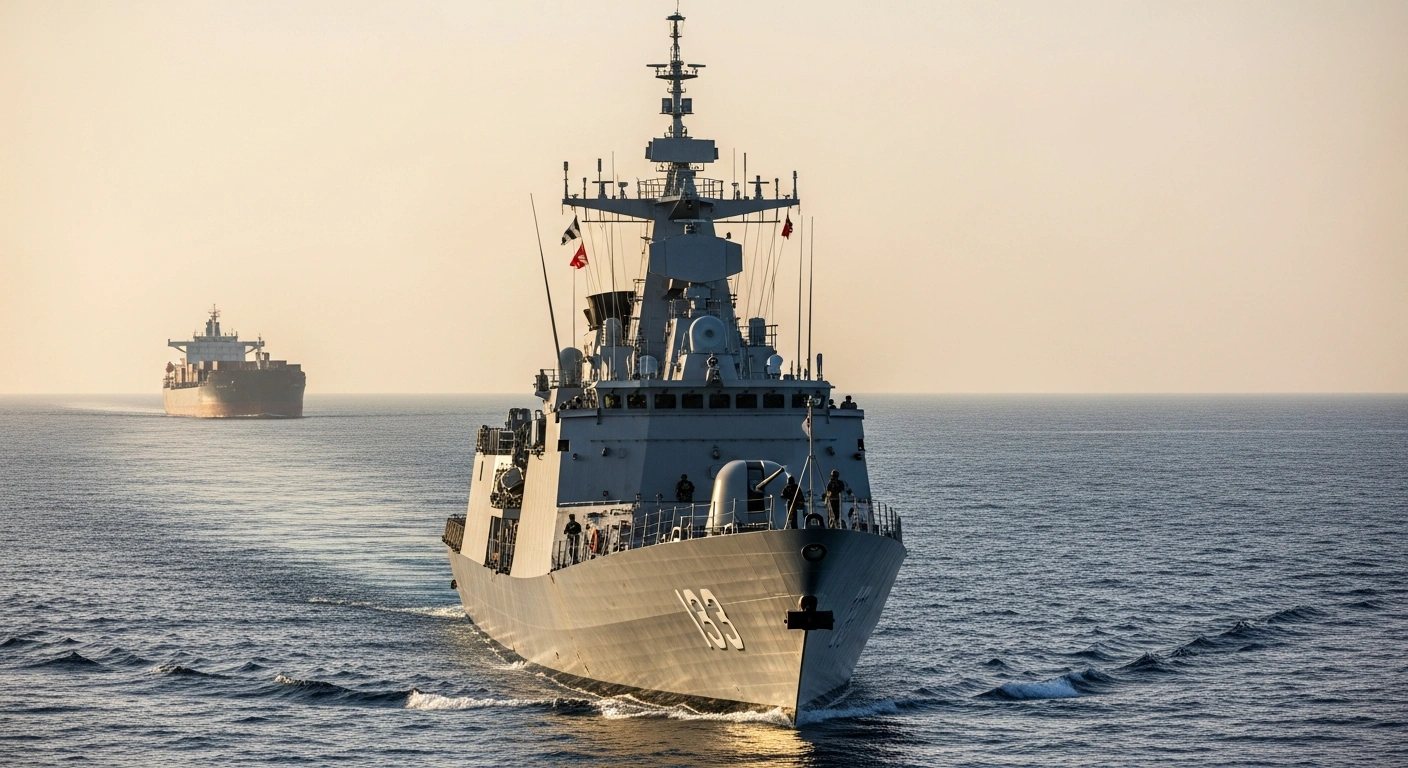 Lithuanian soldiers stand guard on a naval vessel patrolling the Strait of Hormuz to ensure freedom of navigation for international shipping.