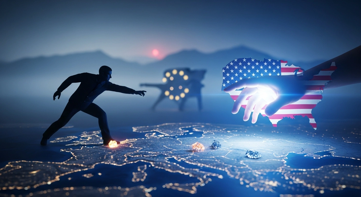 A strategic visual depicts a determined figure representing Lithuania extending a hand towards a powerful, illuminated hand symbolizing the United States, against a backdrop of a slow-moving, indistinct European Union shape and a distant, red-tinged landmass representing China, illustrating Lithuania's pursuit of a direct critical minerals agreement for its defense and engineering sectors.