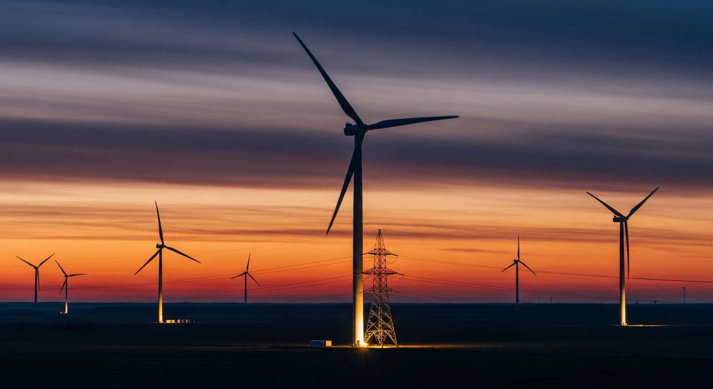 A wide-angle, low-light photograph of a vast wind farm in Lithuania, featuring numerous tall wind turbines with their blades turning against a colorful sunset sky, symbolizing the connection of the 105.84 MW Windfarm Akmenė Two project by Litgrid and Aquila Clean Energy EMEA to the national grid for trial electricity production, contributing to Lithuania's 5.3 GW renewable energy capacity.
