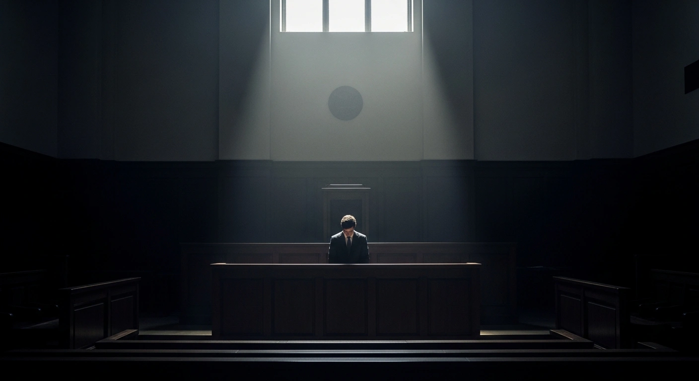 A dimly lit courtroom scene depicts a lone figure with a bowed head standing before a dark bench, illuminated by a stark beam of light, representing the conviction of Remigijus Žemaitaitis by a Lithuanian court for inciting hatred against Jews and minimizing the Holocaust.