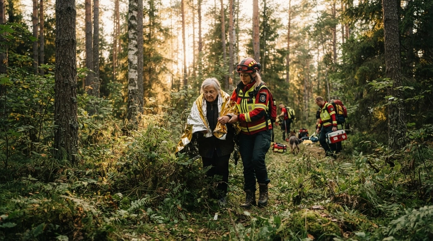 A rescue worker assists an elderly woman found alive in a Lithuanian forest after a multi-day search operation.