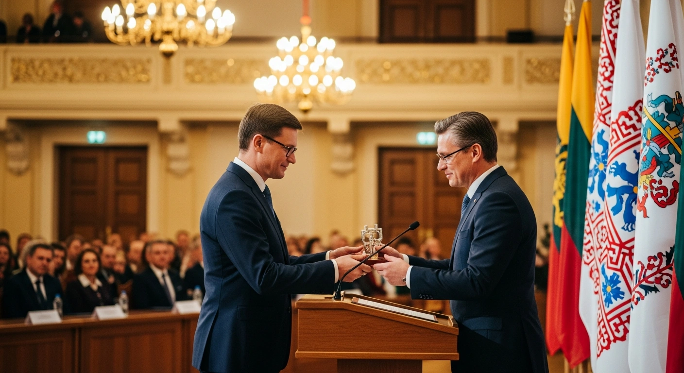 A formal awards ceremony in Vilnius honors individuals for their dedication to preserving Lithuanian heritage and language within the global community.
