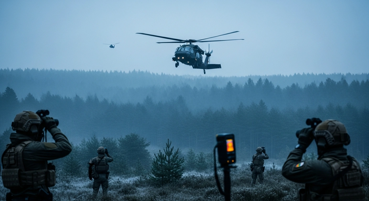 Lithuanian Armed Forces personnel and a military helicopter conduct a search operation for an unidentified drone in a forest.