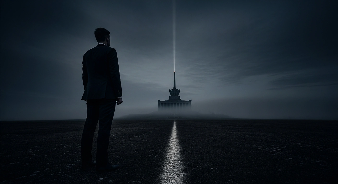 A distinguished figure, representing Lithuanian Foreign Minister Kęstutis Budrys, stands silhouetted against a desolate landscape with a crumbling monument, symbolizing the Soviet Union's unpunished occupation of the Baltic states and its link to Russia's current aggression, while a path illuminated by moonlight suggests the critical need for reparations for Ukraine.
