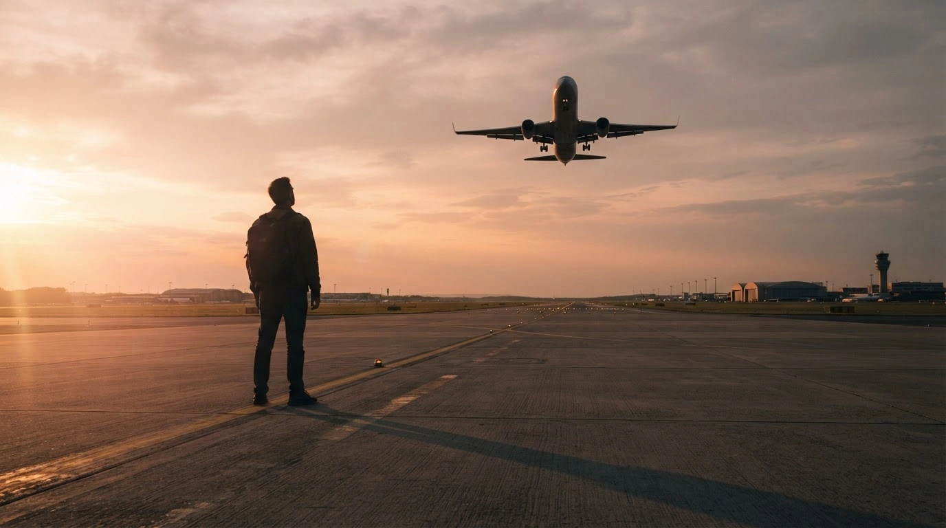 A silhouette of a man stands on an airport runway watching a plane take off into the sunset in tribute to the late aviation influencer Lito Sousa.