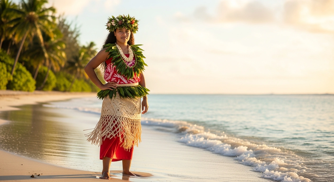 Actress Catherine Laga'aia stands on a tropical beach in a scene from the live-action Moana film adaptation.