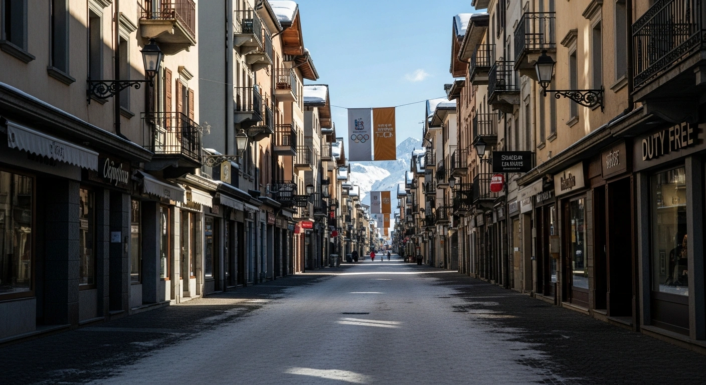 A wide, low-angle shot of a snow-dusted street in Livigno, Italy, shows quiet, deserted duty-free shopfronts under crisp winter light, reflecting the significant sales declines experienced by businesses during the Milano Cortina 2026 Winter Olympics.