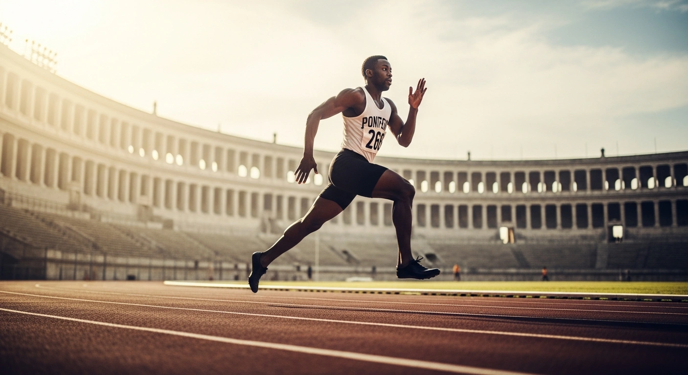 A vintage-style photograph of Italian sprinter Livio Berruti running on a track during the 1960 Rome Olympics.