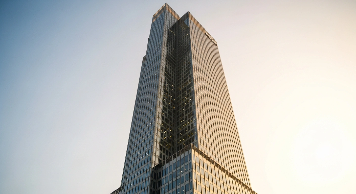 A modern, imposing skyscraper stands tall at sunrise, symbolizing the LLB Group's financial stability and growth, achieving a CHF 166.5 million net profit and surpassing CHF 125 billion in business volume despite integration costs.