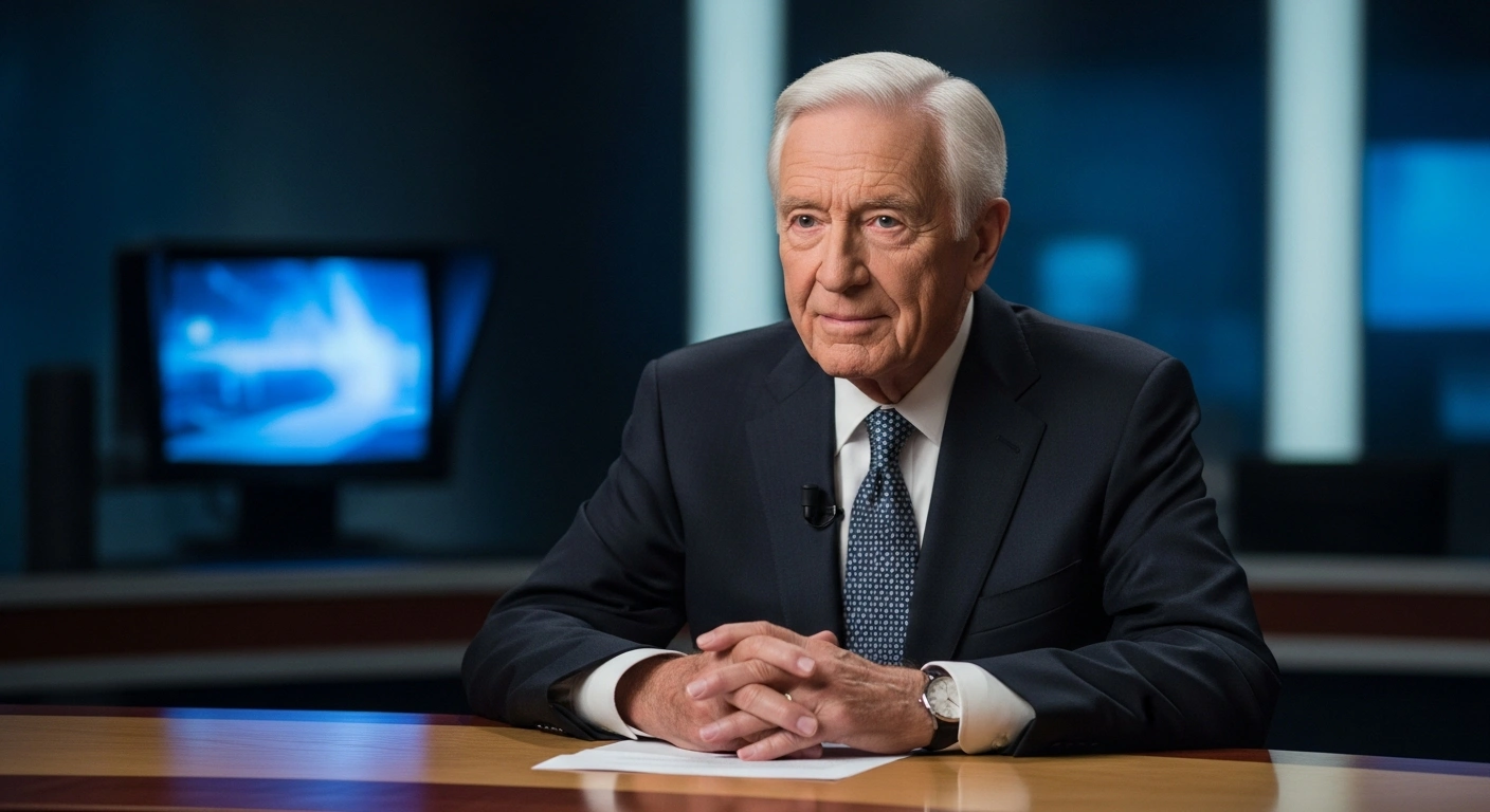 A portrait of the late Canadian journalist and CTV National News anchor Lloyd Robertson sitting at a professional broadcast desk.