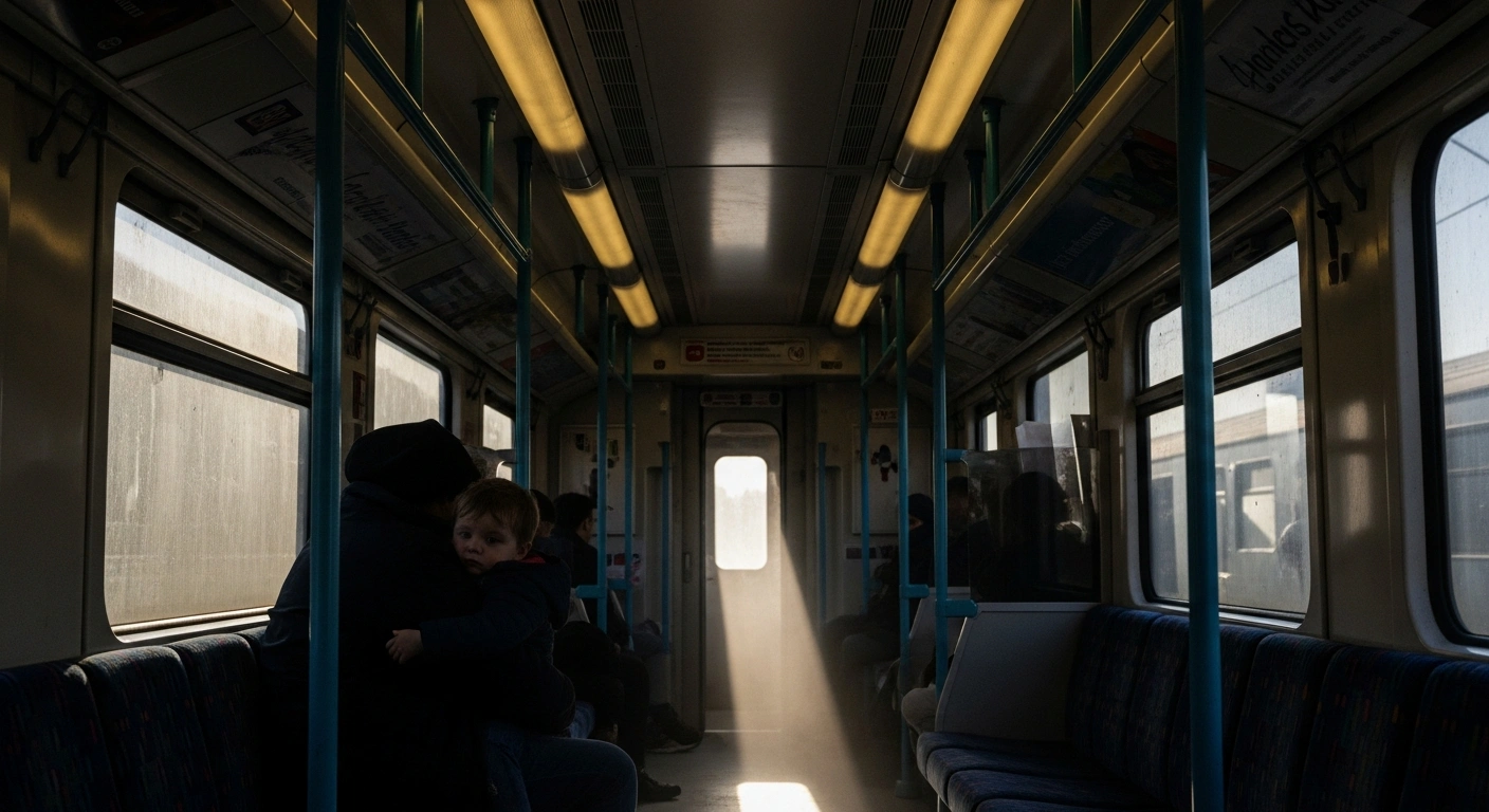 A dramatic low-angle shot inside a train carriage shows a figure, representing LNER employee Samir Zitouni, shielding a young girl, symbolizing his heroic actions during a mass stabbing incident.