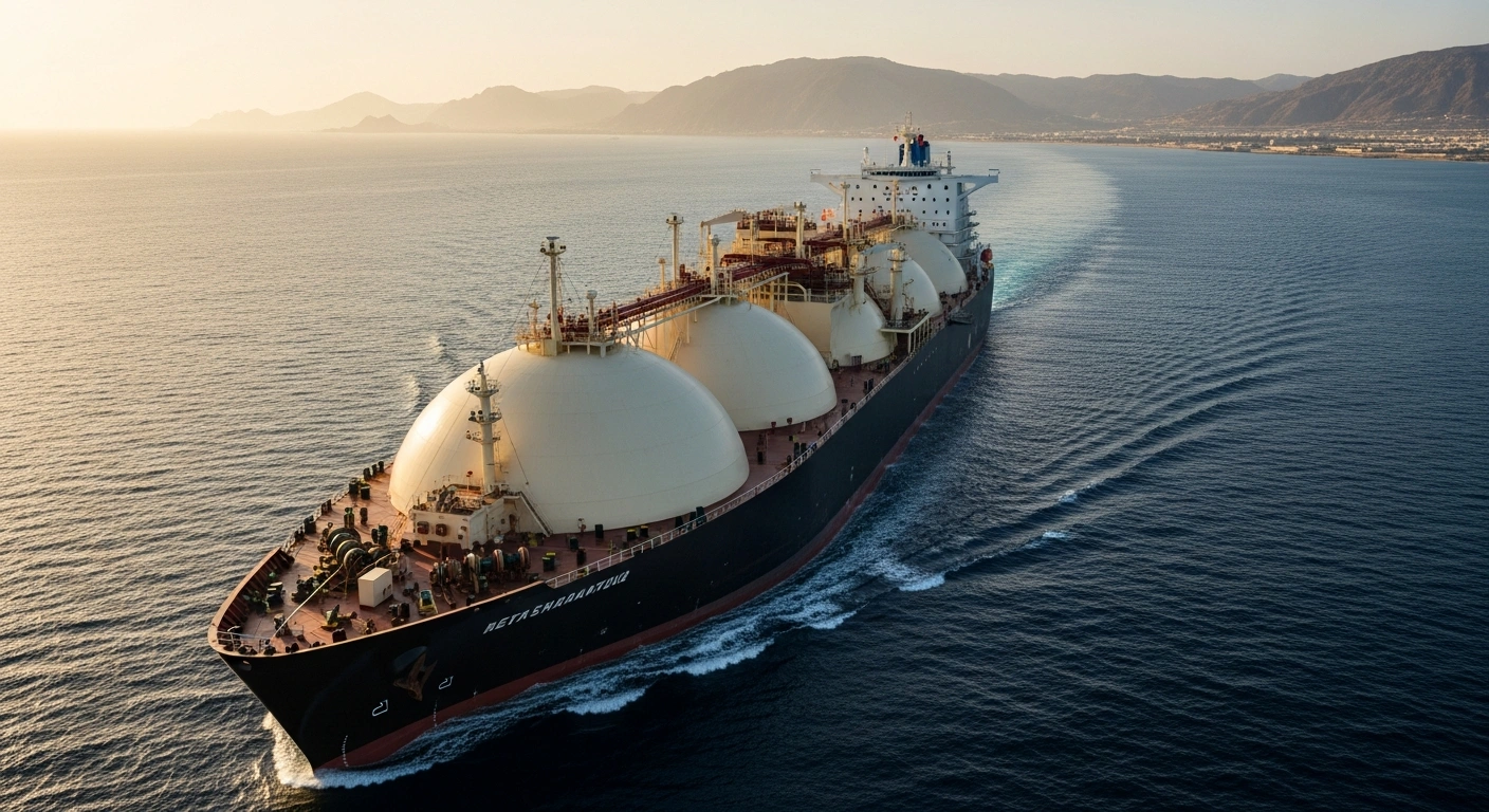 A large liquefied natural gas tanker navigates through the Strait of Hormuz during a sunset to maintain global energy supply chains.