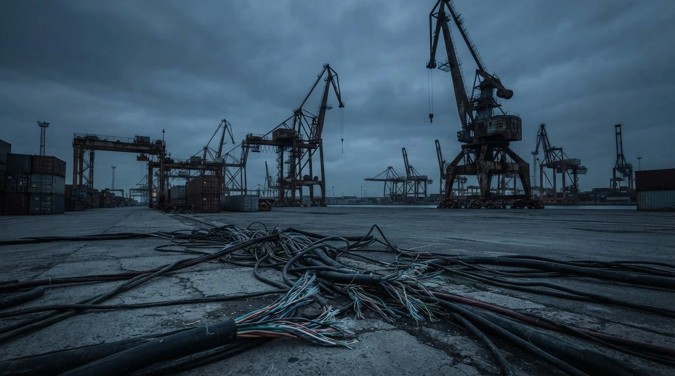 A desolate shipping port with abandoned cranes and severed cables represents the stalled operations and legal challenges facing the Chinese logistics platform LOGINK.
