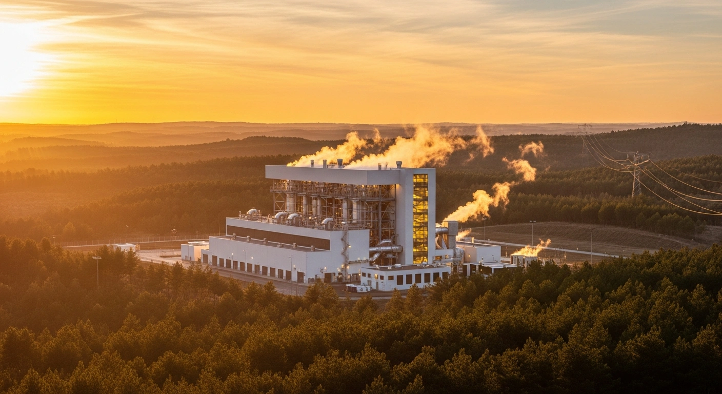 A modern 50 MW biomass power plant, operated by ACCIONA Energía, is depicted at sunset, integrated into a managed forest landscape in Logrosan, Cáceres, Spain, symbolizing its role in supplying 380 GWh of clean energy to the Spanish grid by utilizing forestry waste.