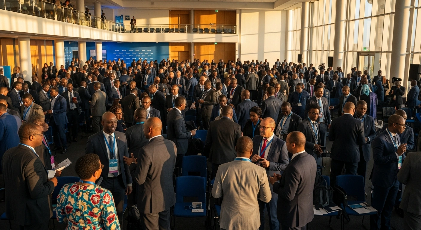 A modern conference hall in Lomé, Togo, filled with diverse policymakers, investors, and business leaders from the UK and Francophone African nations, engaged in discussions at the UK-West and Central Francophone Africa Trade and Investment Forum.