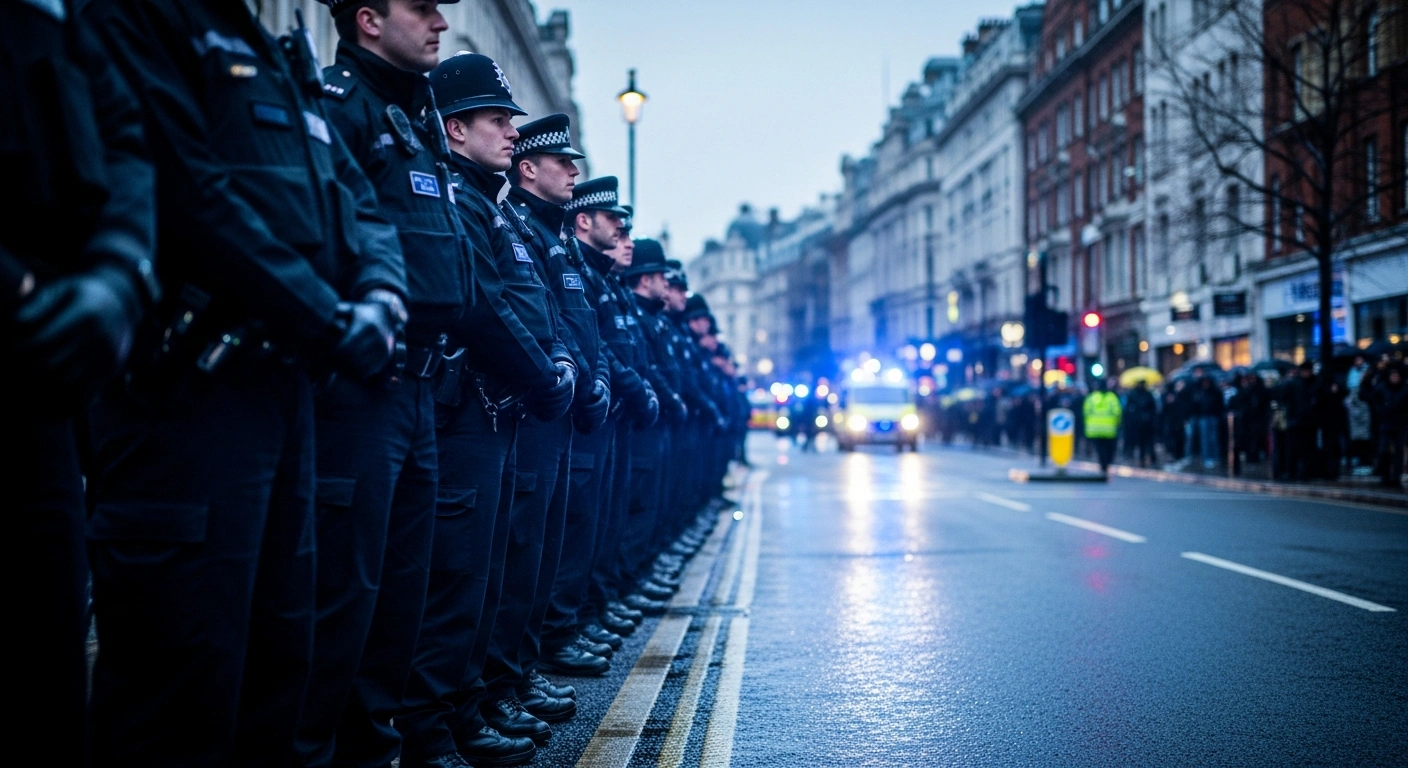 A line of police officers stands in formation on a London street to manage public safety during the Al-Quds Day march.