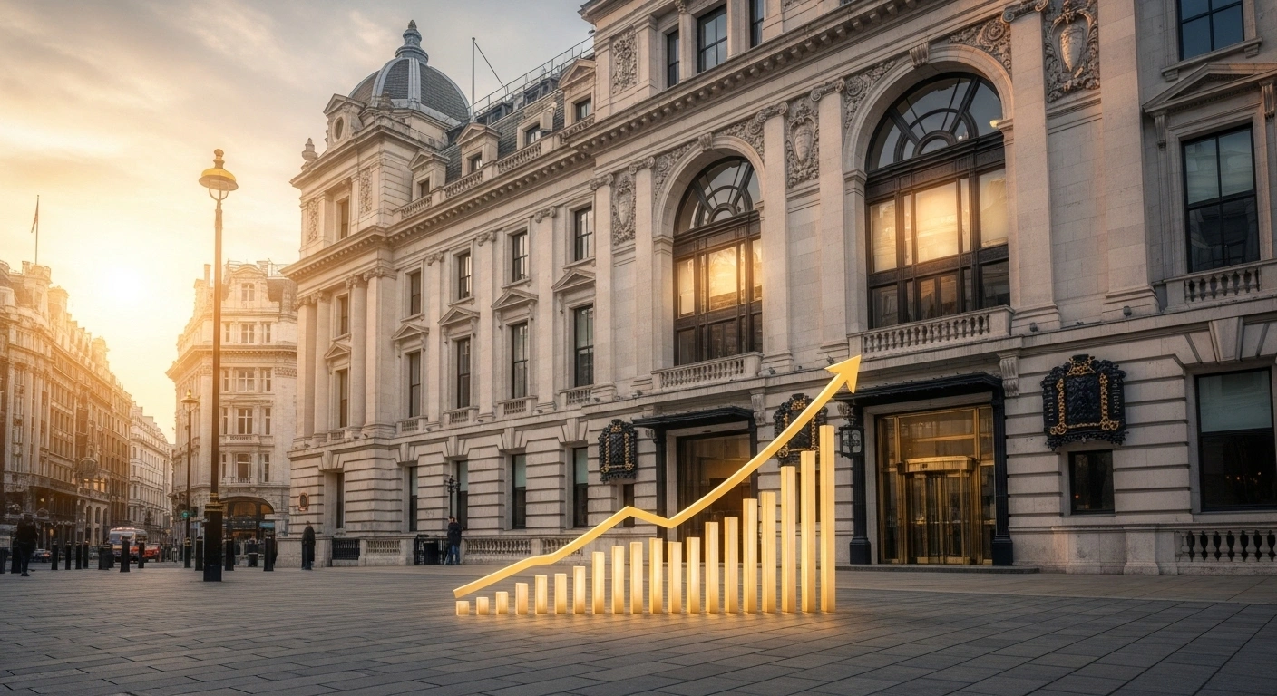 A majestic, neoclassical building in London, illuminated by the golden light of morning, with a shimmering gold, upward-trending graph rising from the foreground, symbolizing new stock market listings and economic growth encouraged by a UK Treasury stamp duty holiday.