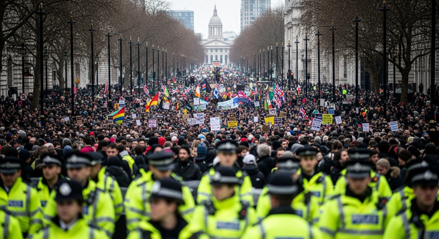 Thousands of protesters march through central London during a pro-Palestinian demonstration while Metropolitan Police officers monitor the crowd.