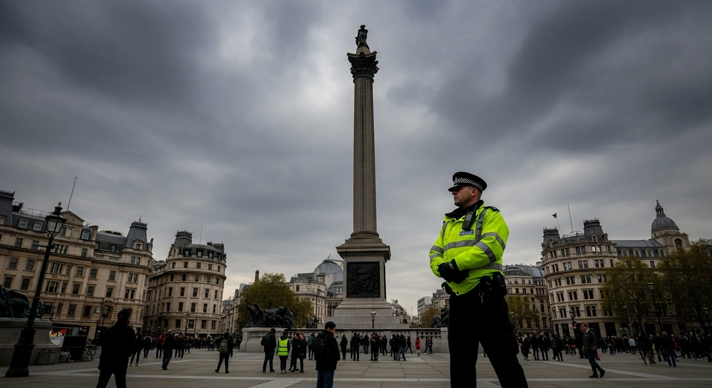 A wide, low-angle photograph shows Nelson's Column in London's Trafalgar Square under an overcast sky, with a lone, weary police officer silhouetted against it, observing a subtly blurred crowd gathering for a pro-Palestine protest, reflecting the Metropolitan Police's concerns following a deadly synagogue attack.