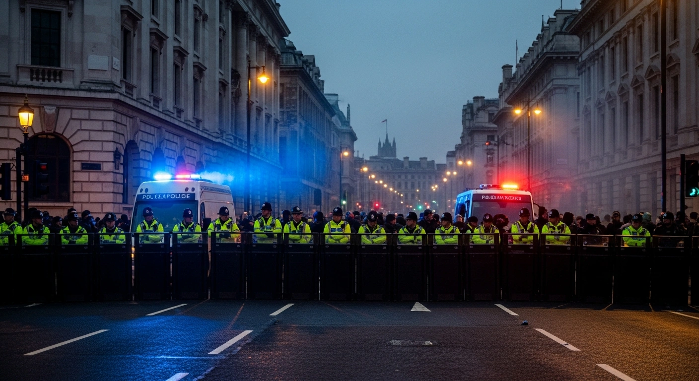 Police officers manage a crowd of protesters and attendees outside a synagogue in London following a demonstration that led to multiple arrests.