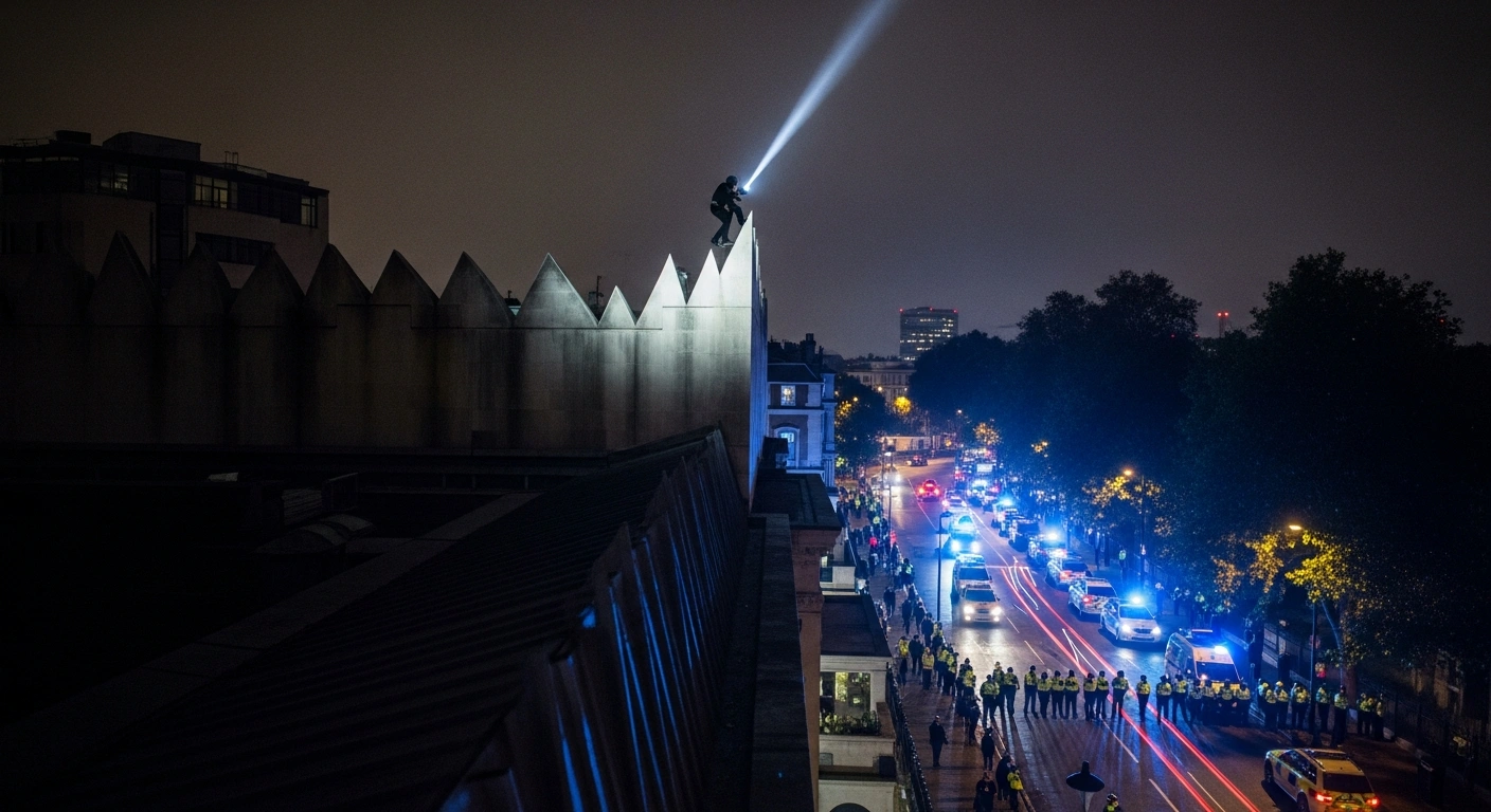 London police officers apprehend a protester on the roof of the Iranian Embassy at night, with flashing emergency lights illuminating the scene of ongoing demonstrations and arrests for violent disorder.