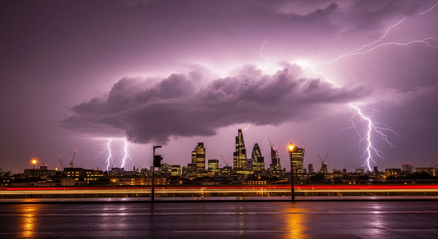 A dramatic thunderstorm with lightning strikes over the London skyline marks the end of a heatwave in Southeast England.