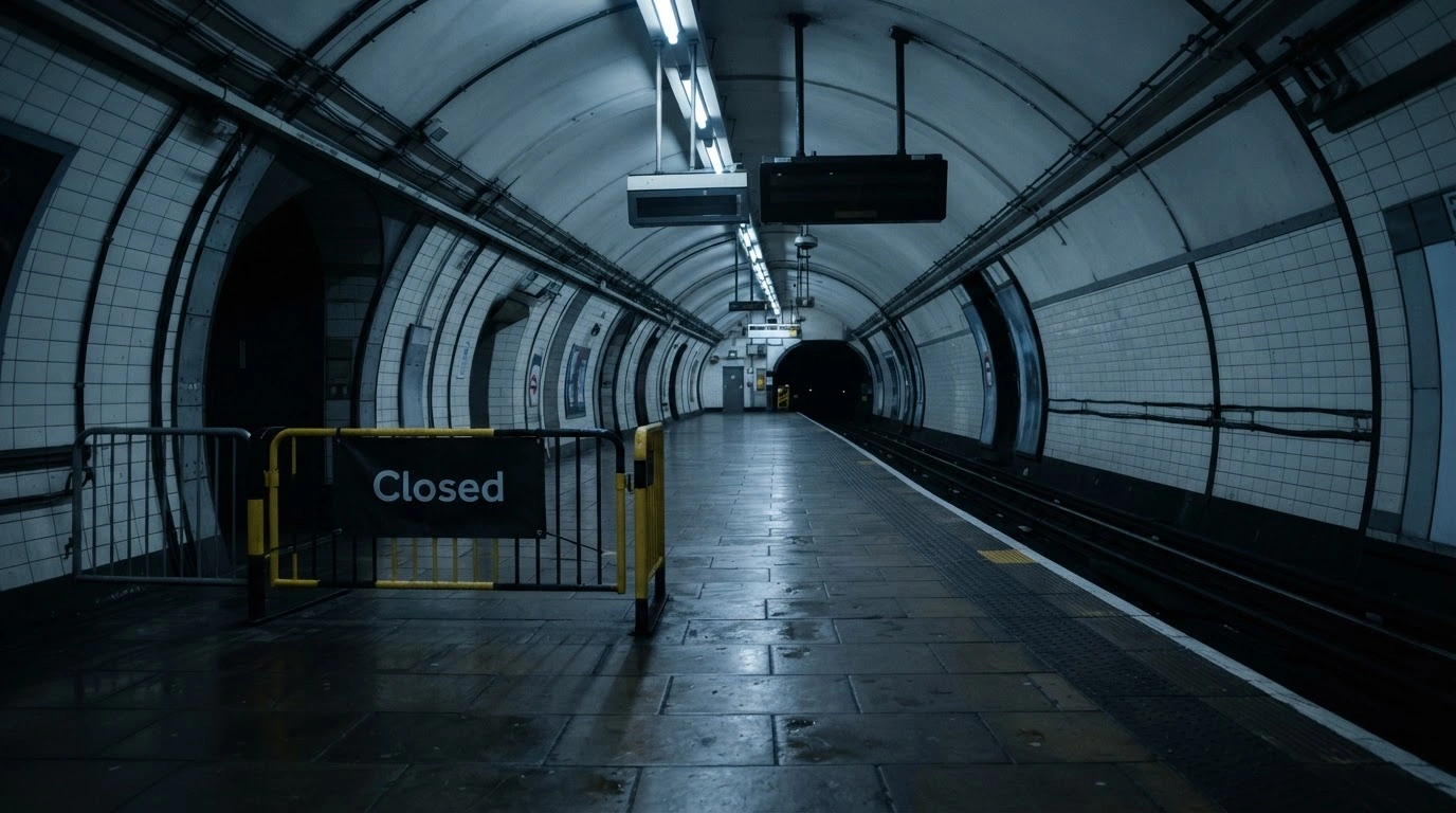 An empty London Underground station platform is blocked off by yellow barriers due to planned engineering works and maintenance closures.