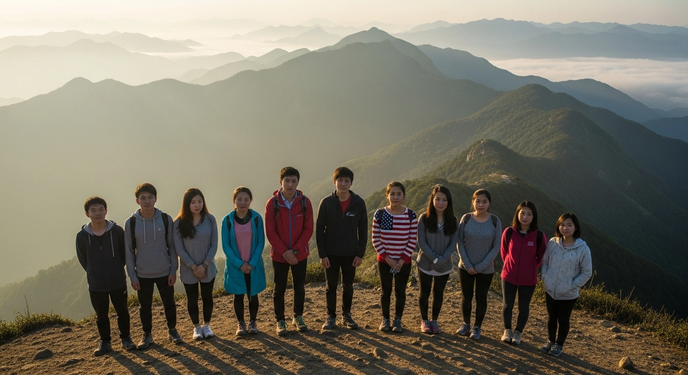 A diverse group of young people from China and the United States stand together on a mountain ridge to commemorate the 90th anniversary of the Long March.