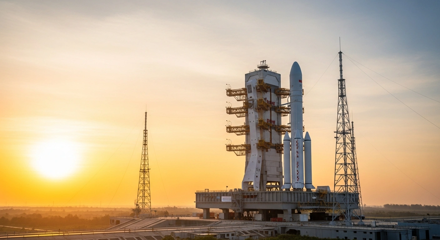 The Long March-8A carrier rocket stands on the launch pad at the Hainan commercial spacecraft launch site in China during final mission preparations.