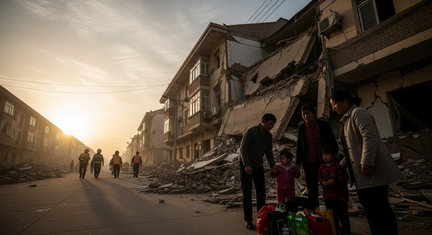 A wide, low-angle shot depicts a street in Longxi County, Gansu, China, after a 5.6-magnitude earthquake, showing a family with belongings next to a partially collapsed residential building and emergency personnel moving through debris, illustrating the significant damage and resident relocation.