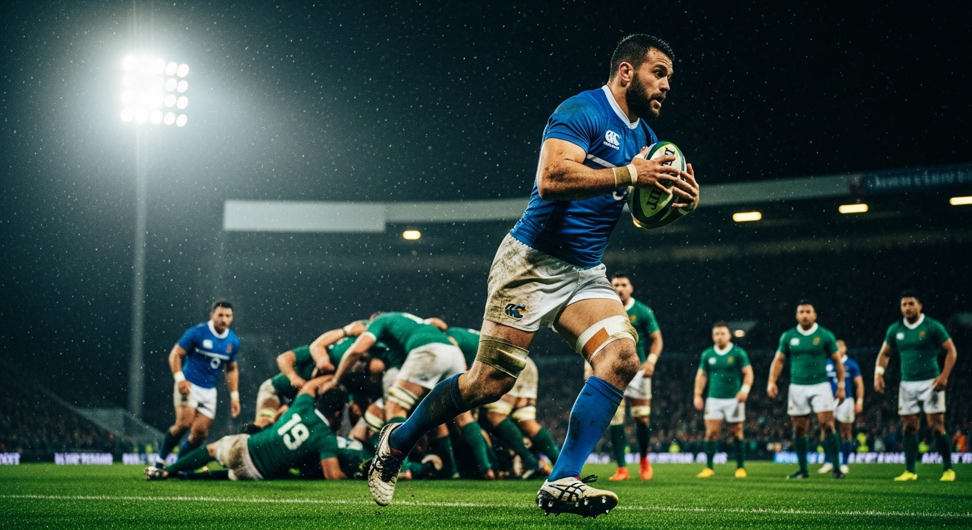 An Argentine U20 rugby player sprints across the field during a high-scoring match against Ireland at the World Rugby U20 Championship.