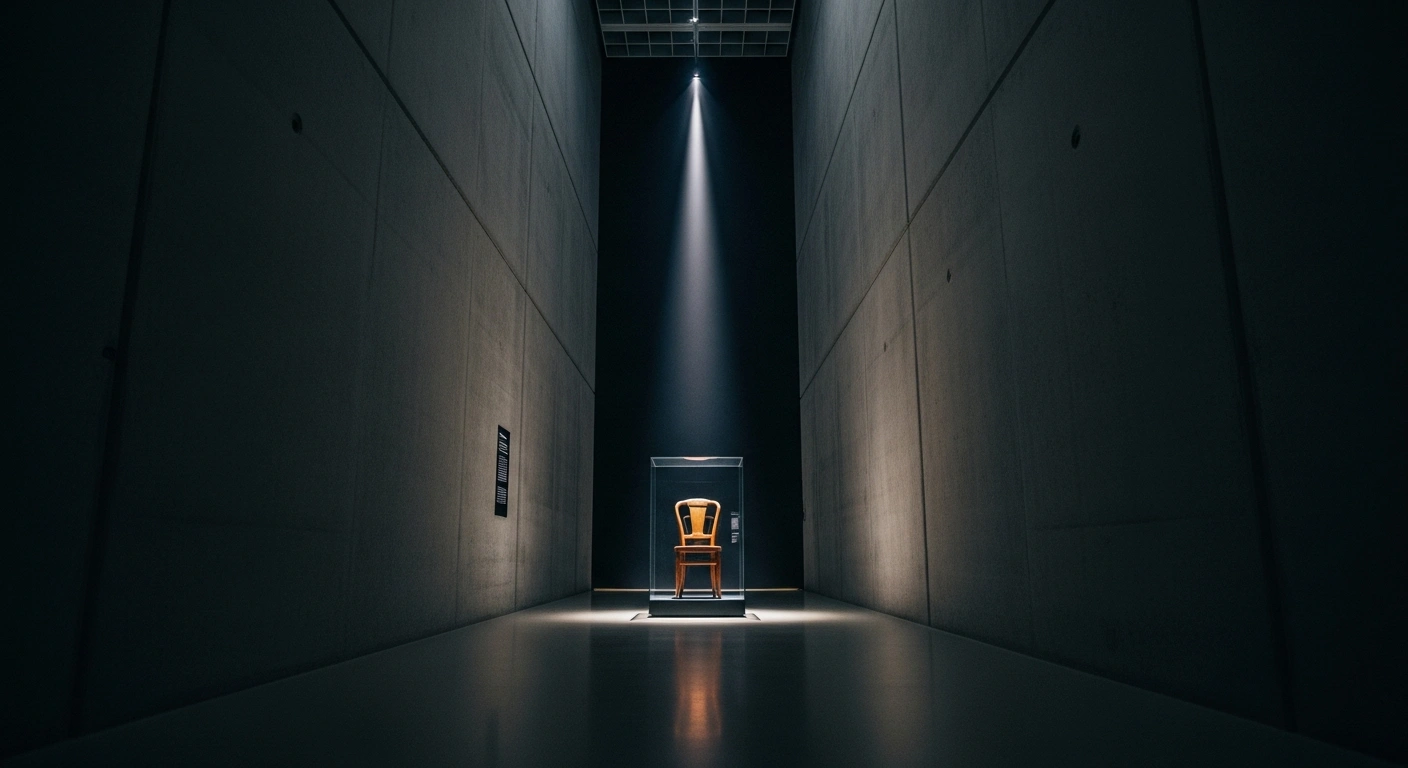 A long, modern museum corridor leads to a single, antique wooden chair dramatically illuminated in a display case, symbolizing the Lost Shtetl Museum's dedication to Lithuanian Jewry and Shoah education, preserving the memory of vanished Jewish towns.
