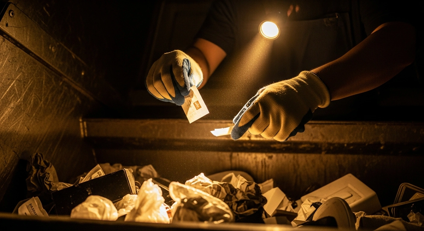 A sanitation worker in Bitonto, Italy, retrieves a lost lottery ticket from a trash collection truck after a successful search.