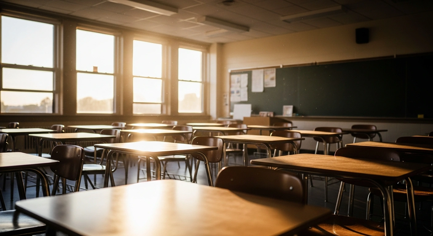 Sunlight illuminates an empty section of a public school classroom wall, with rows of empty desks, symbolizing the impending display of the Ten Commandments as allowed by a U.S. appeals court ruling.