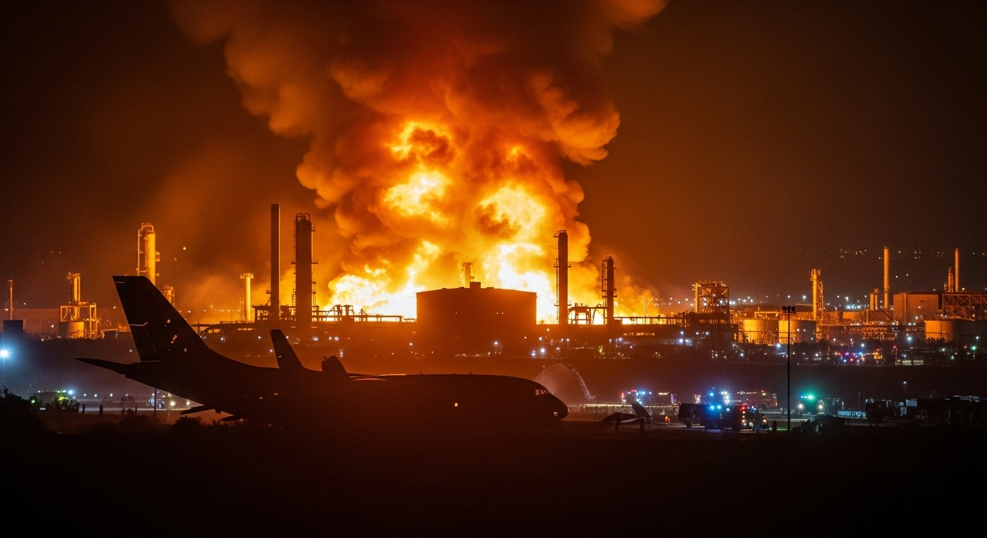 A devastating scene unfolds at night, with a massive orange fire engulfing an industrial complex in Louisville, Kentucky, where the twisted wreckage of a UPS McDonnell Douglas MD-11F cargo plane is scattered after a crash, with thick smoke billowing into the sky.