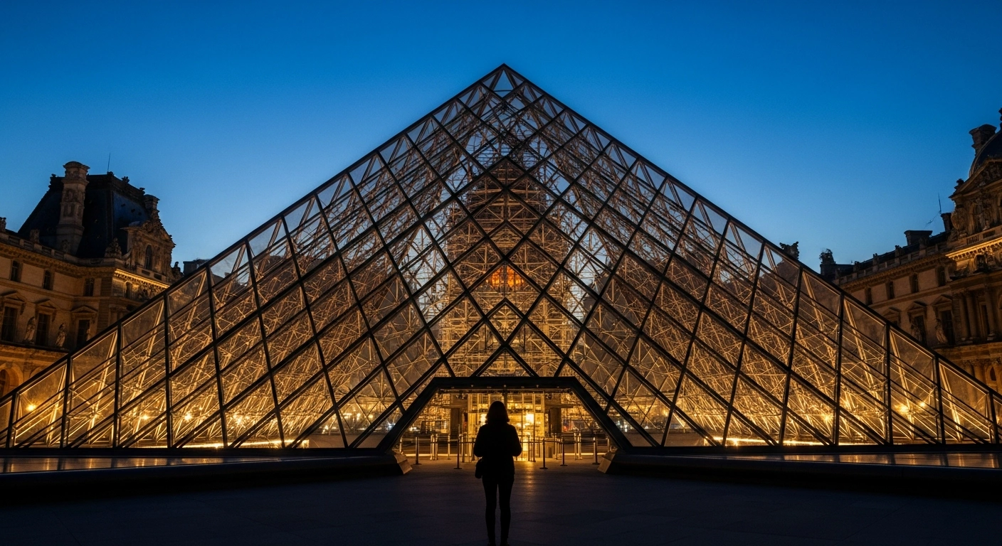 A dramatic low-angle shot of the Louvre Pyramid at twilight, with warm light emanating from within and a single silhouetted figure standing at its base, symbolizing the Louvre Museum's increased entry fee for non-European Economic Area visitors to fund renovation projects and enhanced security measures.