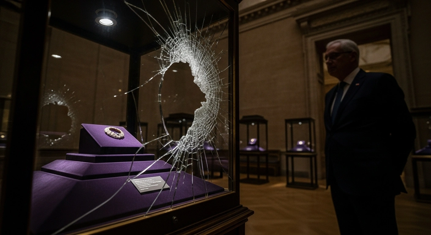 A shattered display case with an empty velvet pedestal, illuminated by a stark spotlight in a dimly lit, opulent museum hall, symbolizing the Louvre's outdated security after an €88 million jewel heist.