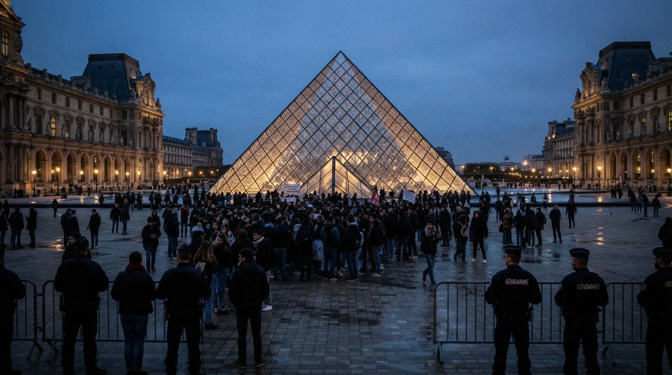 Protesters block the entrance to the Louvre Museum in Paris during a demonstration against government policies.